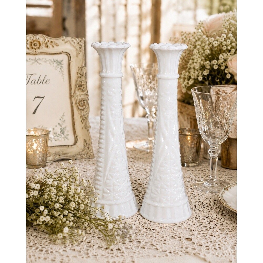 Vintage Milk Glass Bud Vases Pair 9” Daisy Pattern Wedding Farmhouse Cottagecore